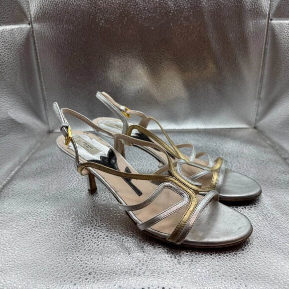 Size EU 35.5 Prada Platinum Gold Womens Leather Strappy Stiletto Heel Sandals - Picture 1 of 9